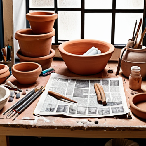 **Image Prompt:** A well-organized workspace for pottery making. It features a table covered with an old newspaper, various clay sculpting tools (stecks), a water bowl, different colored acrylic paints, and both white and terracotta clay. The lighting is soft and inviting, emphasizing the creative atmosphere.