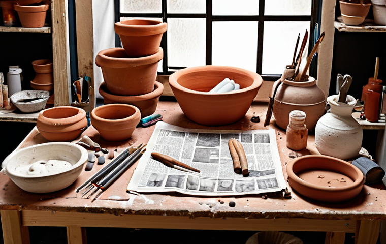 **Image Prompt:** A well-organized workspace for pottery making. It features a table covered with an old newspaper, various clay sculpting tools (stecks), a water bowl, different colored acrylic paints, and both white and terracotta clay. The lighting is soft and inviting, emphasizing the creative atmosphere.