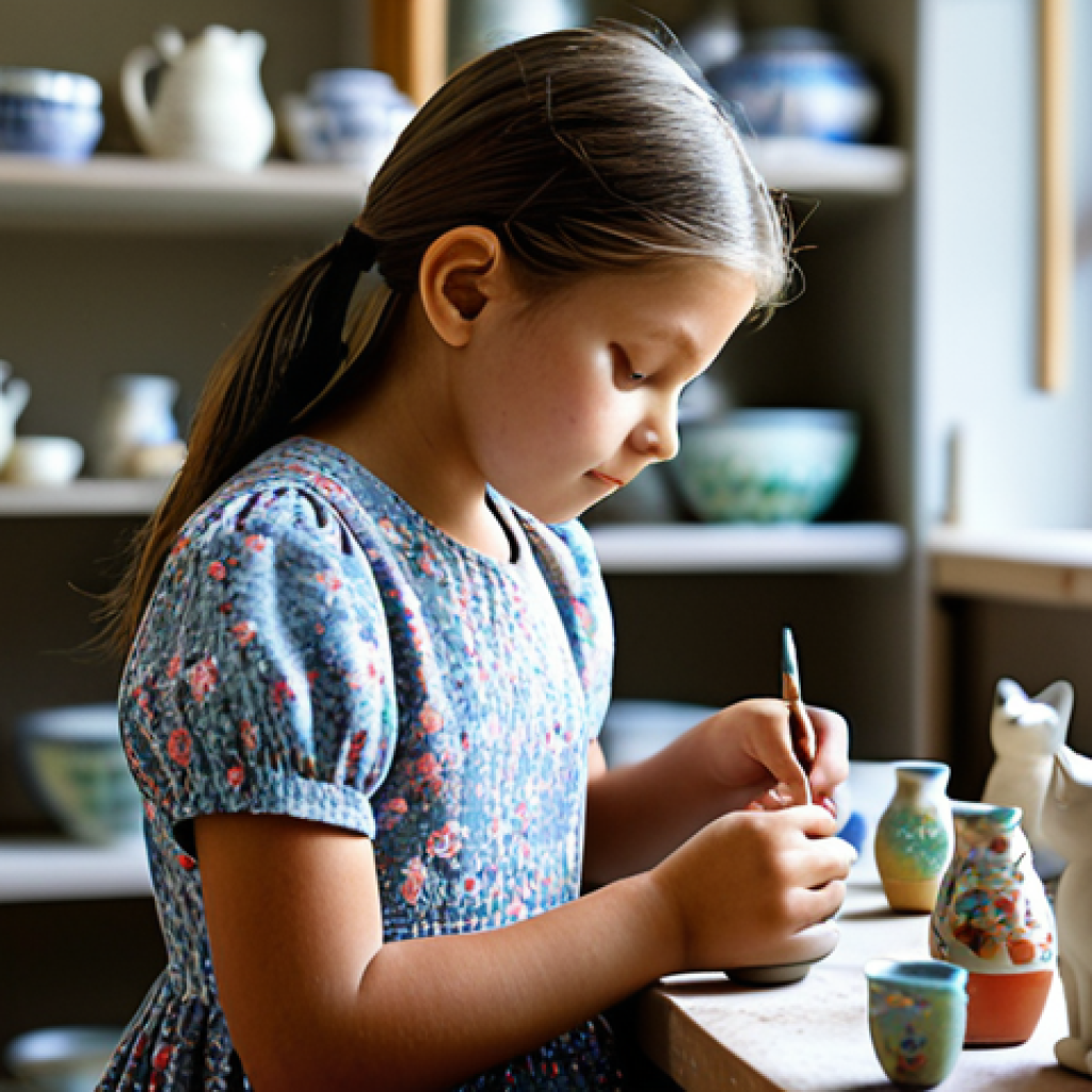 **

"A young girl, fully clothed in a modest floral dress, carefully paints a small ceramic cat figurine at a pottery studio. Soft, natural lighting, shelves filled with colorful finished pottery in the background, safe for work, appropriate content, perfect anatomy, professional photography, family-friendly."

**