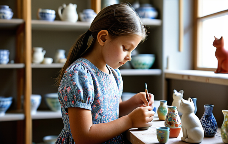**
"A young girl, fully clothed in a modest floral dress, carefully paints a small ceramic cat figurine at a pottery studio. Soft, natural lighting, shelves filled with colorful finished pottery in the background, safe for work, appropriate content, perfect anatomy, professional photography, family-friendly."
**