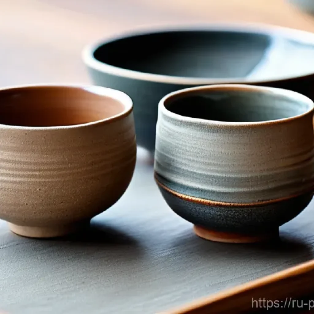 한중일 도자기 비교 - A close-up of a collection of Japanese ceramic tea bowls (chawan) and plates, embodying the wabi-sab...