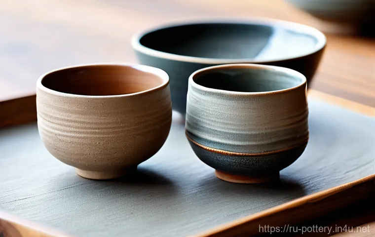 한중일 도자기 비교 - A close-up of a collection of Japanese ceramic tea bowls (chawan) and plates, embodying the wabi-sab...