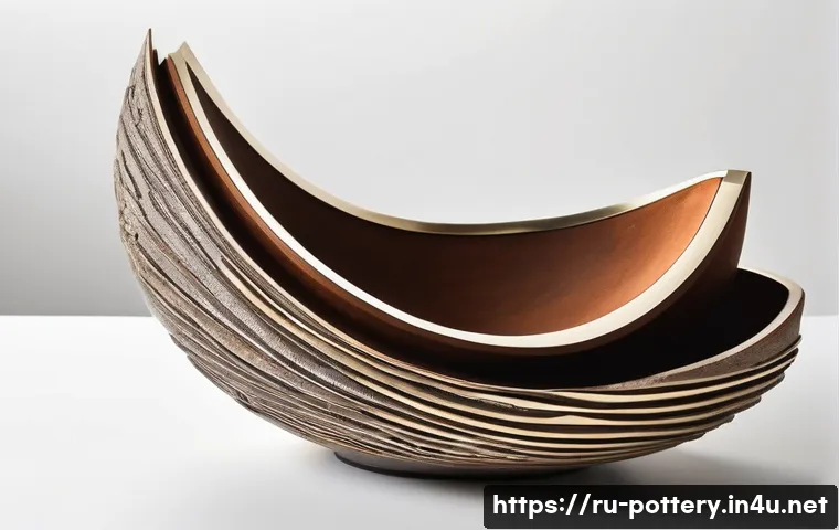 현대 도예 조각 작품 분석 - A contemporary ceramic sculpture featuring a dynamic interplay of smooth curves transitioning sharpl...