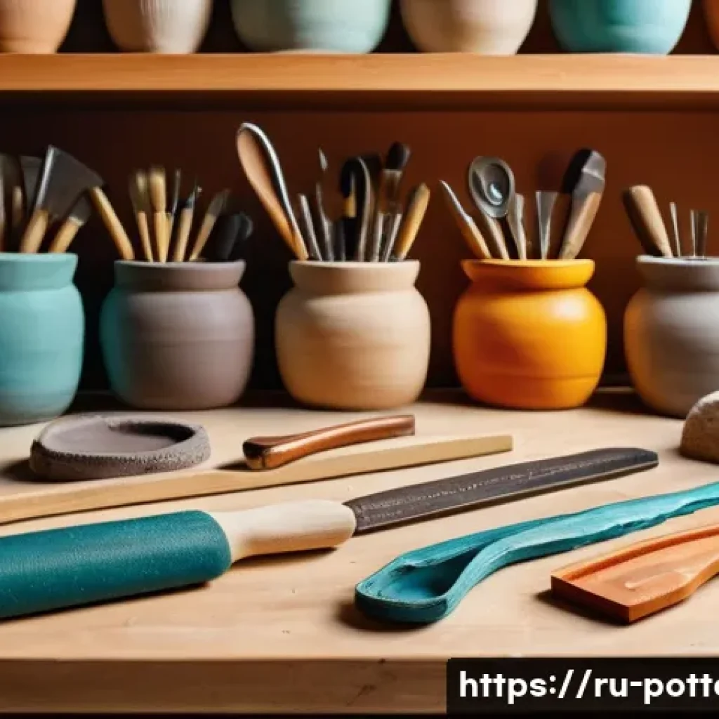 도예 도구 종류와 사용법 - A cozy pottery studio scene featuring a smooth wooden work surface covered with various clay sculpti...