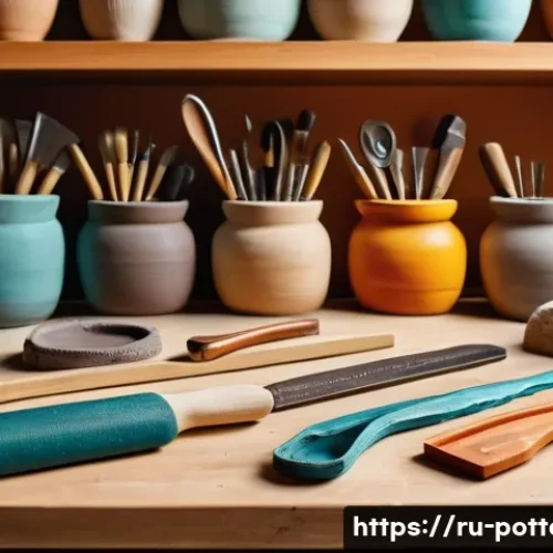 도예 도구 종류와 사용법 - A cozy pottery studio scene featuring a smooth wooden work surface covered with various clay sculpti...