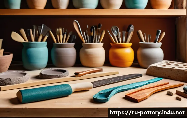 도예 도구 종류와 사용법 - A cozy pottery studio scene featuring a smooth wooden work surface covered with various clay sculpti...