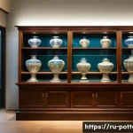 전통 도자기 보존 방법 - A serene museum interior showcasing traditional Russian ceramic vases displayed inside a glass cabin...