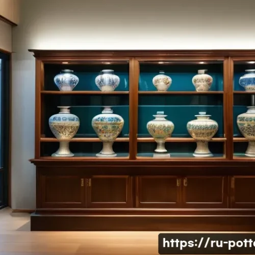 전통 도자기 보존 방법 - A serene museum interior showcasing traditional Russian ceramic vases displayed inside a glass cabin...