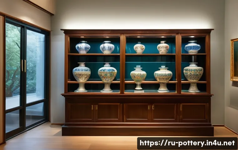 전통 도자기 보존 방법 - A serene museum interior showcasing traditional Russian ceramic vases displayed inside a glass cabin...