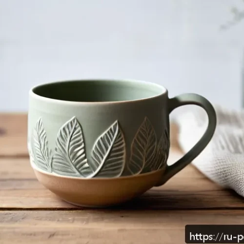 핸드메이드 도자기 브랜드 - A handcrafted ceramic cup inspired by Siberian nature, featuring delicate hand-carved patterns of le...