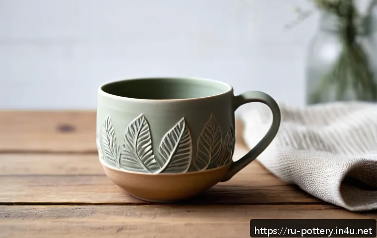 핸드메이드 도자기 브랜드 - A handcrafted ceramic cup inspired by Siberian nature, featuring delicate hand-carved patterns of le...