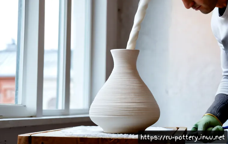 Home 17 3D 프린팅 도자기 기술 - Photorealistic close-up of a ceramic 3D printer in a bright contemporary Moscow design studio, caref...