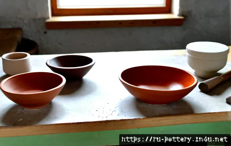 Home 17 도예 흙 종류별 특성 - Photorealistic pottery studio worktable in a Russian artisan workshop, four clearly separated unmark...