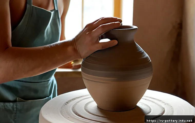 Home 17 비정형 도자기 기법 - Photorealistic close-up of a ceramic artist shaping an asymmetrical clay vase by hand on a pottery w...