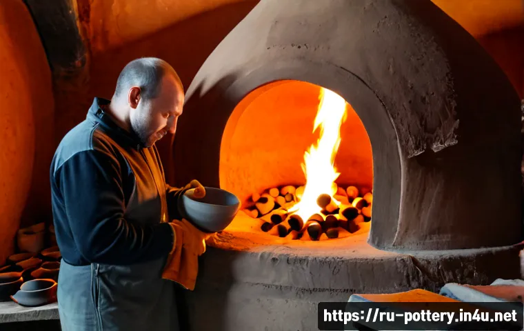 Home 17 도자기 굽는 온도 - Photorealistic close-up of a traditional ceramic kiln in a Russian pottery workshop, glowing orange ...